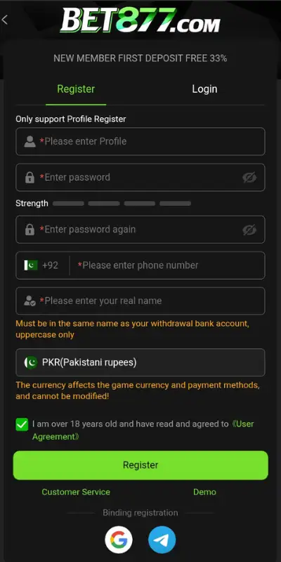 BET877 Game Register Image 