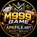 M999 Game logo with premium gold 3D lettering, casino-themed design, APKFILE.NET branding, playing cards, slot machine, dice, and coins on a dark luxury background