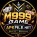 M999 Game logo with premium gold 3D lettering, casino-themed design, APKFILE.NET branding, playing cards, slot machine, dice, and coins on a dark luxury background