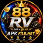 88RV Game profile picture featuring a premium gold logo with casino-style cards, dice, coins, crown, and the APKFILE.NET website branding on a black luxury background