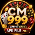CM999 Game profile picture featuring a luxurious gold and black casino-style logo with roulette wheel, playing cards, poker chips, dice, and the website branding APK FILE.NET.