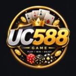 UC588 Game APK logo with premium gold and black gaming badge, playing cards, dice, coins, and crown for Android users in Pakistan
