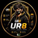 Professional UR8 Game profile logo featuring a modern masked gamer wearing a black and gold hoodie with glowing golden accents, gaming chair, shield emblem, and bold UR8 branding on a premium dark background