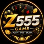 Z555 Game logo with gold and silver 3D lettering, playing cards, casino chips, dice, coins, and a crown on a dark background.