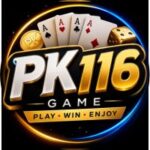 PK116 Game logo with bold golden and silver lettering, playing cards, dice, and glowing gaming elements on a dark background.