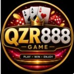 QZR888 Game logo with golden 3D lettering, playing cards, red dice, coins, and a premium casino-style background.