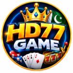 HD77 Game APK logo with gold crown, playing cards, chips, and 777 slot design