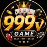 999v Game logo with golden 3D lettering, playing cards, poker chips, and a dark premium gaming background.