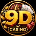 9D Game logo with gold 3D lettering, casino chips, playing cards, dice, and roulette wheel