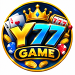 Y77 Game APK profile logo with casino cards, 777 slot symbols, poker chips, and gold gaming design